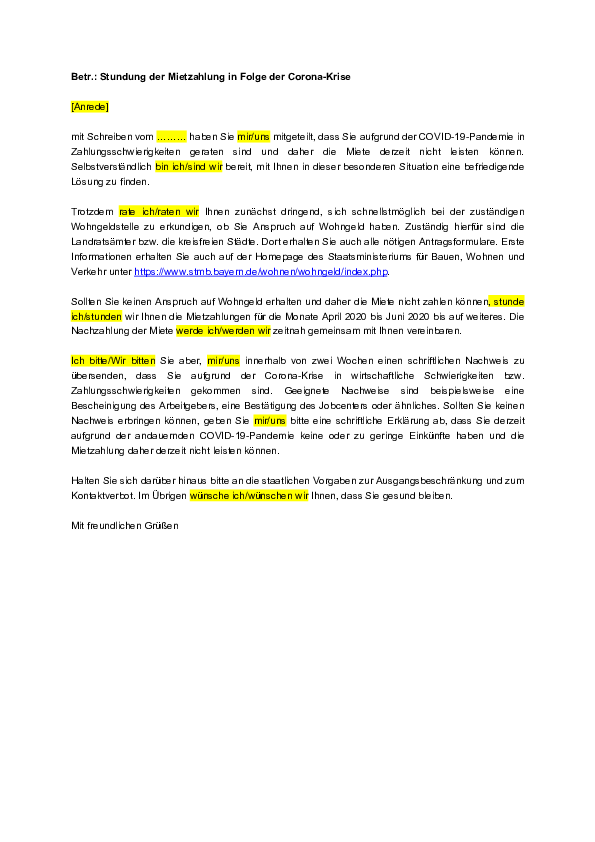 Bild zum Beitrag: Musterbrief - Corona Stundung